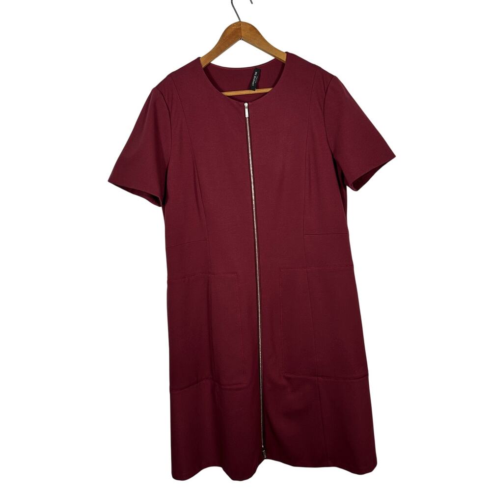 Lafayette 148 NY Burgundy A-Line Dress Zip Front Short Sleeve Pockets Size 14/16 - Picture 6 of 16